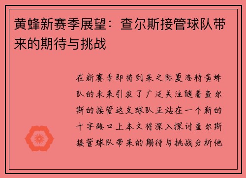 黄蜂新赛季展望：查尔斯接管球队带来的期待与挑战