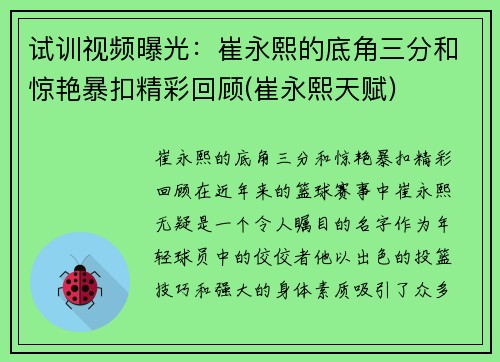 试训视频曝光：崔永熙的底角三分和惊艳暴扣精彩回顾(崔永熙天赋)