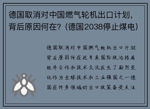 德国取消对中国燃气轮机出口计划，背后原因何在？(德国2038停止煤电)