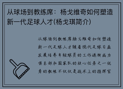 从球场到教练席：杨戈维奇如何塑造新一代足球人才(杨戈琪简介)