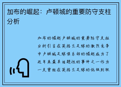 加布的崛起：卢顿城的重要防守支柱分析