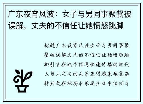 广东夜宵风波：女子与男同事聚餐被误解，丈夫的不信任让她愤怒跳脚