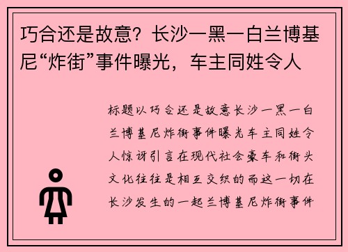 巧合还是故意？长沙一黑一白兰博基尼“炸街”事件曝光，车主同姓令人惊讶