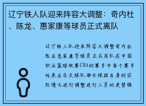 辽宁铁人队迎来阵容大调整：奇内杜、陈龙、惠家康等球员正式离队